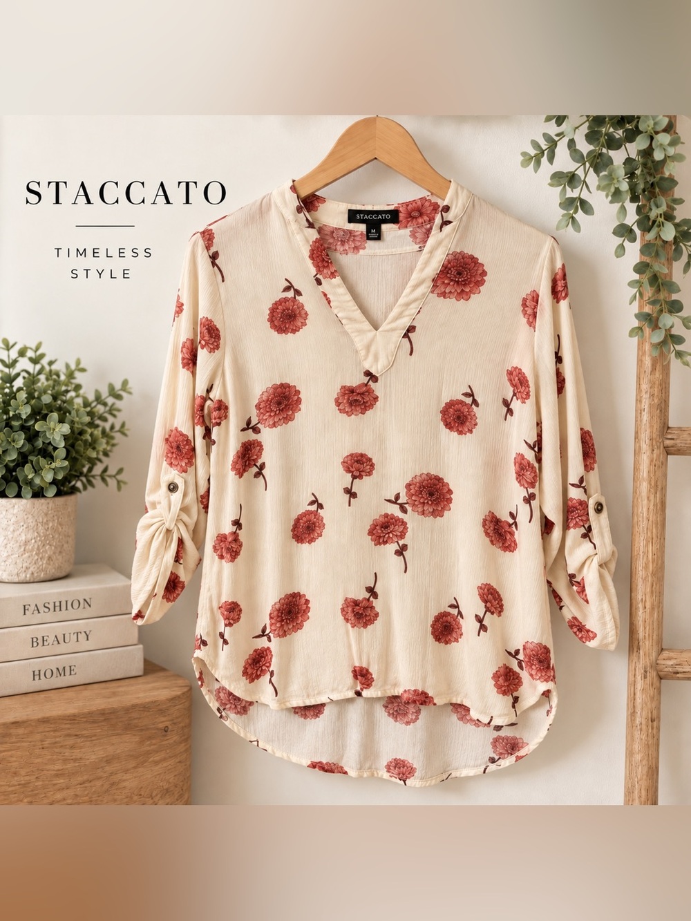 STACCATO Floral V-Neck High Low Blouse Roll Tab Sleeve Cream Rust Sz M